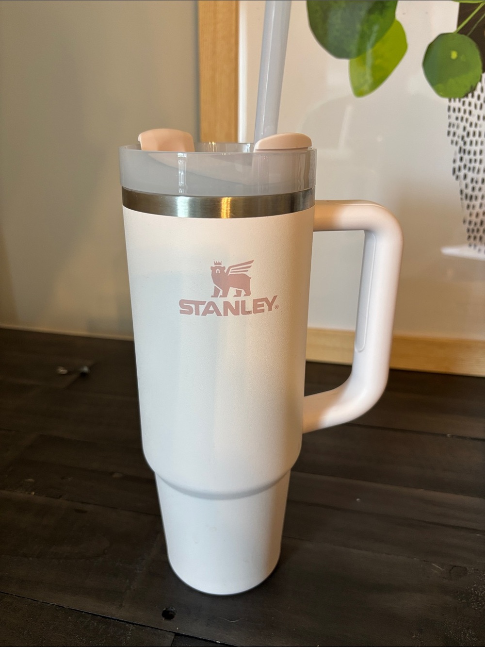 Stanley White Travel Mug with Pale Pink Logo and Lid Accents